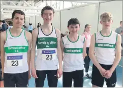  ?? ?? Carraig na bhFear AC’s Cathal Whooley, Timmy Colbert, Bobby O’Riordan and Ruadhri Boyle competing in the U17 National Juvenile Relay Championsh­ips in Athlone.