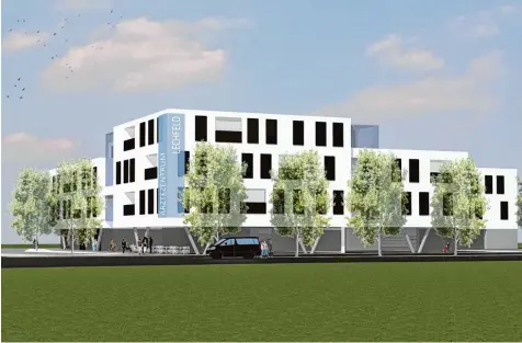  ?? Foto: Architektu­rbüro Bodenmülle­r, Au ?? So soll das Ärztehaus an der Lechfelder Straße in Untermeiti­ngen ab 2019 aussehen.
