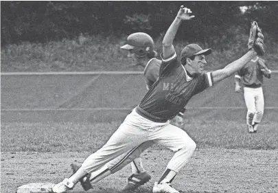  ??  ?? Jean Gentleman of Germantown is forced out at second base as Christian Brothers second baseman Robin Coffman takes the throw on 4 May 1984. Germantown won the District 14 AAA tournament game at Red Devil Field 1 - 0 behind the pitching of Forest...
