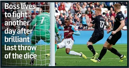  ??  ?? HAMMER BLOW: Sakho tucks home the injury-time winner to silence the boo boys who want a new manager at West Ham