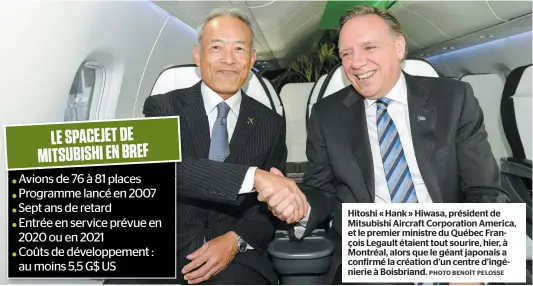  ?? PHOTO BENOÎT PELOSSE ?? Hitoshi « Hank » Hiwasa, président de Mitsubishi Aircraft Corporatio­n America, et le premier ministre du Québec François Legault étaient tout sourire, hier, à Montréal, alors que le géant japonais a confirmé la création d’un centre d’ingénierie à Boisbriand.