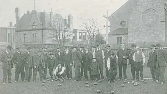  ?? COURTESY OF GUELPH CIVIC MUSEUMS ?? Left: A photograph of a group of bowlers on the Guelph Lawn Bowling Club green on the Baker Street lot, behind Chalmers Church, 1913.