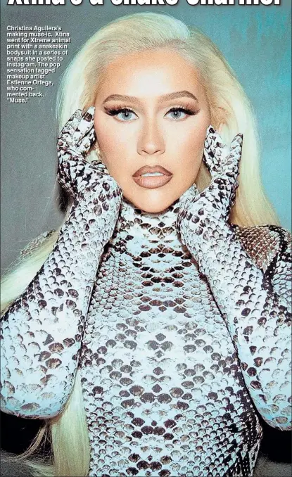  ?? ?? Chriistiin­a Aguiillera’s making muse-ic. Xtina went for Xtreme animal priint with a snakeskin bodysuii ti in a series of snaps she posted to Instagram. The pop sensation tagged makeup artist Estienne Ortega,, who commented back, “Muse.”