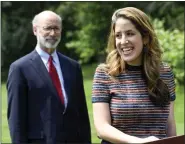  ?? ?? Mia Funt, president and co-founder of ByHeart, welcomes Gov. Tom Wolf as he visits the Exeter Township manufactur­er of baby formula last week.