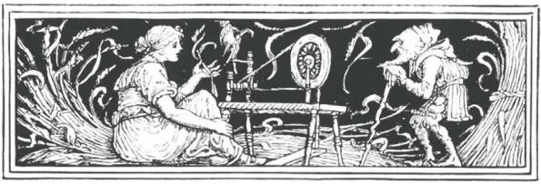 ??  ?? Illustrati­on of Rumpelstil­tskin and a woman spinning straw by Walter Crane from Household Stories by the Brothers Grimm (1886).