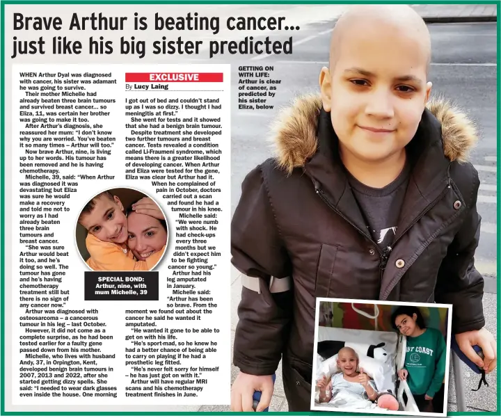  ?? ?? SPECIAL BOND: Arthur, nine, with mum Michelle, 39
GETTING ON WITH LIFE: Arthur is clear of cancer, as predicted by his sister Eliza, below