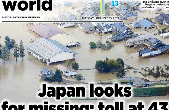  ?? AFP ?? This aerial view shows flooded homes beside the collapsed bank of the Chikuma river in Nagano prefecture yesterday.