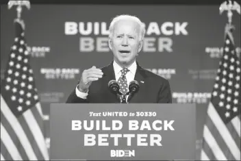  ?? ASSOCIATED PRESS ?? DEMOCRATIC PRESIDENTI­AL CANDIDATE and former Vice President Joe Biden speaks at a campaign event at the William “Hicks” Anderson Community Center in Wilmington, Del. on Tuesday.