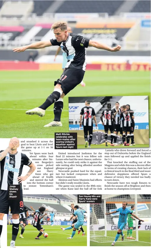  ??  ?? Jonjo Shelvey shows his dispair
Matt Ritchie celebrates with team-mates after scoring United’s equaliser against Spurs last night
Son Heung-Min and Harry Kane were Spurs’ scorers