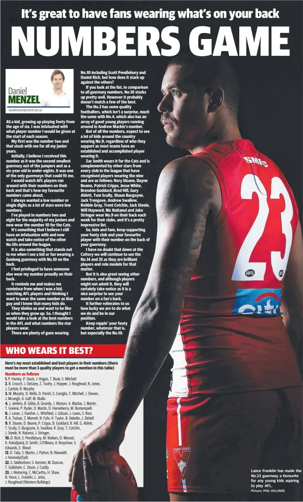  ?? Picture: PHIL HILLYARD ?? Lance Franklin has made the No.23 guernsey a favourite for any young kids aspiring to play AFL.