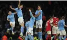  ?? ?? John Stones celebrates scoring against Arsenal last April, the most recent in a string of traumatic defeats at the Etihad for Mikel Arteta’s side. Photograph: Phil Noble/Reuters