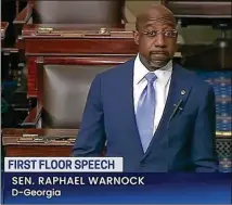  ?? C- SPAN2 ?? Georgia U. S. Sen. Raphael Warnock delivers his first speech on the Senate floor Wednesday. He deviated from prepared remarks, focused on new laws to expand access to voting, to share thoughts about Tuesday’s shootings in metro Atlanta that left eight dead.