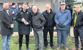  ??  ?? Runcorn Linnets chairman Mike Bignall, manager Michael Ellison, John Williams, Runcorn Linnets club president Alan Jones, Peter Goodwin (former Runcorn AFC trainer) and Nigel Williams