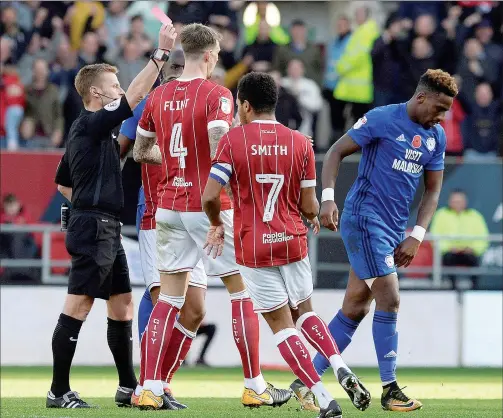  ??  ?? OFF YOU GO: Cardiff’s Omar Bogle gets his marching orders