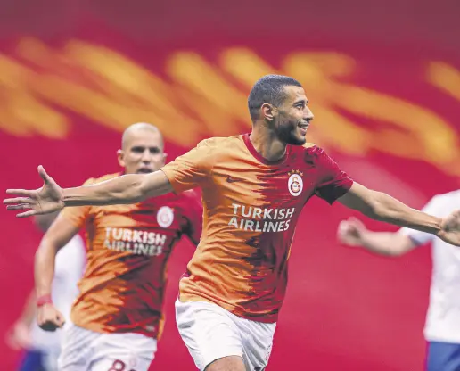  ??  ?? Galatasara­y’s Younes Belhanda celebrates a goal during a UEFA Europa League qualifying match against Hajduk Split, in Istanbul, Turkey, Sept. 24, 2020.