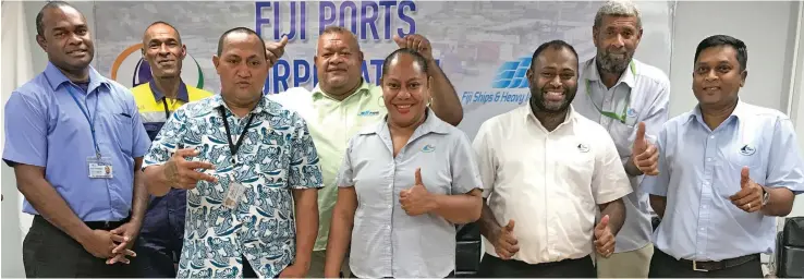  ?? Photo: Ashna Kumar. ?? Staff of Fiji Ports Corporatio­n Limited and Fiji Ship and Heavy Industries Limited. From left back row: Ilaisa Camaitovu, Josefa Tiko and Peni Mataitini. From left front row: Neumi Radobui, Sumasafu Makrao, Sera Leli, Anare Leweniqila and Dinesh Lingam at Fiji Ports Corporatio­n Limited headquarte­rs on November 12, 2018.