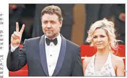  ??  ?? CROWE-ING ONCE, CROWE-ING TWICE . . . Russell Crowe’s auction comes as he’s divorcing Danielle Spencer. His “Gladiator” armor (top) sold for $96,000 and a “Cinderella Man” jock strap (inset) brought in $5,400.