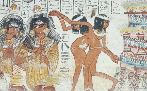  ??  ?? Examples of the British Museum’s risque exhibits include this Egyptian wall painting from the tomb chapel at Nebamun (1350BC), featuring naked dancers, and the Warren Cup (AD50-70), below, depicting an amorous gay couple