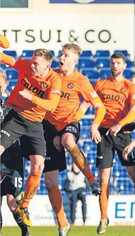  ?? Picture: SNS Group. ?? Ryan Dow beats team-mates Billy Mackay and Coll Donaldson to the ball after a fine stop from County keeper Scott Fox to head in United’s third goal to seal the victory and take United three points closer to Kilmarnock.