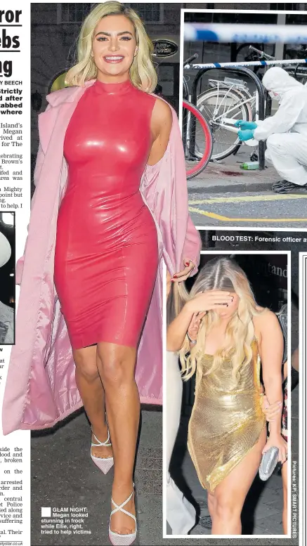  ??  ?? SHOWBIZ BASH: Matthew GLAM NIGHT: Megan looked stunning in frock while Ellie, right, tried to help victims BLOOD TEST: Forensic officer at scene yesterday