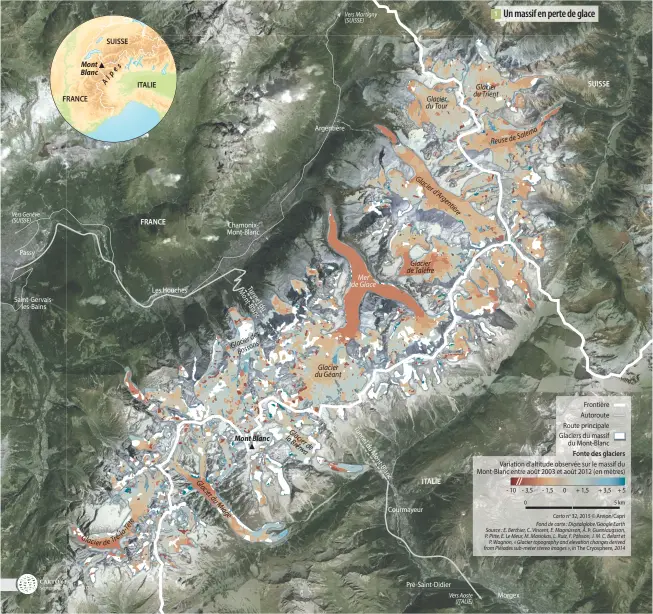  ??  ?? 1
Un massif en perte de glace 5 km
Carto no 32, 2015 © Areion/Capri Fond de carte : Digitalglo­be/Google Earth Source : E. Berthier, C. Vincent, E. Magnússon, Á. Þ. Gunnlaugss­on, P. Pitte, E. Le Meur, M. Masiokas, L. Ruiz, F. Pálsson, J. M. C. Belart et P. Wagnon, « Glacier topography and elevation changes derived from Pléiades sub-meter stereo images », in The Cryosphere, 2014