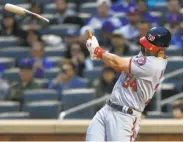  ?? Jim McIsaac / Getty Images ?? Washington’s Bryce Harper breaks a bat in the first inning and still hits his eighth homer of the year.