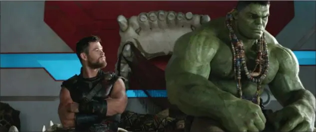  ??  ?? Chris Hemsworth’s Thor has a chat with the Hulk, whom he also fights, in “Thor: Ragnarok.”