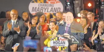  ?? LLOYD FOX/BALTIMORE SUN ?? Gov. Larry Hogan speaks to supporters at his election night party celebratin­g his re-election.