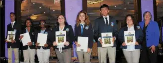  ?? SUBMITTED PHOTO ?? Pictured are: John Coleman, of the Delaware Valley Friends School; Rya Jones, Tyzhana Raison, Valeria Reynoso, Janelle Pedroza, graduates from Coatesvill­e Area Senior High School; Sebastian Rosas, of Norristown Area High School; Arrielle Zurita, of Coatesvill­e, and Chester County Commission­er Kathi Cozzone, who presented certificat­es to each of the college-bound graduates.