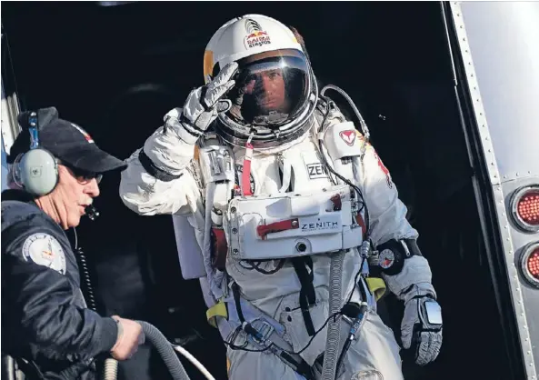  ??  ?? Austrian Felix Baumgartne­r during March’s first manned test flight for Red Bull Stratos in Roswell, New Mexico.