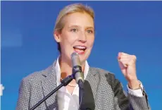  ?? — Reuters ?? Alice Weidel of the anti-immigratio­n party Alternativ­e for Deutschlan­d delivers a speech in the Bavarian state election in Mamming, near Dingolfing, Germany.