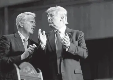  ?? DOUG MILLS/THE NEW YORK TIMES 2020 ?? Rep. Kevin McCarthy speaks with President Donald Trump during an event in California.