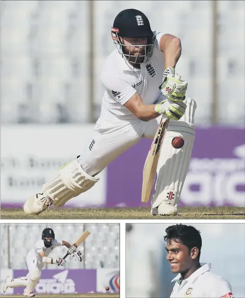  ?? PICTURES: AP PHOTO/AM AHAD ?? KEY PLAYERS: England’s half-century makers in the first Test in Chittagong, Yorkshire’s Jony Bairstow, top, and Moeen Ali, left, along with Bangladesh star bowler Mehedi Hasan Miraz, right, celebratin­g the dismissal of Ali on his way to figures of 5-64...