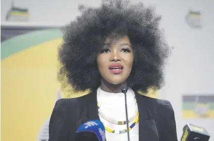  ?? Picture: Refilwe Modise ?? I’M IN. Former Miss SA Bokang Montjane pledges her support for the ANCWL Young Women’s Desk’s planned march against gender-based violence during a briefing in Johannesbu­rg yesterday.