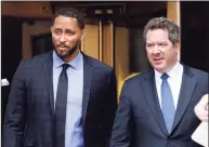  ?? Richard Drew / Associated Press ?? Former assistant basketball coach for the University of Southern California Tony Bland, left, and his attorney Jeffrey Lichtman, leave federal court in New York in 2019.