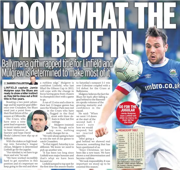  ??  ?? GO FOR THE JUGULAR Jamie Mulgrew says Linfield will show no mercy in their bid for the title