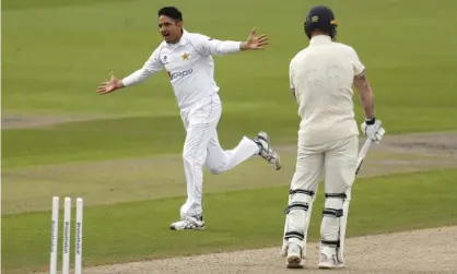  ?? Photograph: Lee Smith/AP ?? Pakistan’s Mohammad Abba celebrates his dismissal of Ben Stokes for a duck.