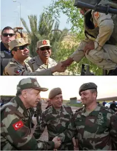  ?? (AFP/Getty) ?? Egyptian president Abdel Fattah el-Sisi (above) meets a member of the security forces during a visit to the Sinai Peninsula; (below) Turkish president Recep Tayyip Erdogan (left) shakes hands with Turkish commander Ismail Metin Temel in Hatay province