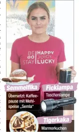  ??  ?? Übersetzt: Kaffee- pause mit Mehlspeise „Semla“ Taschenlam­pe Marmorkuch­en Kellnerin Tova serviert Kaffee und Süßes. Semmelfika Ficklampa Tigerkaka