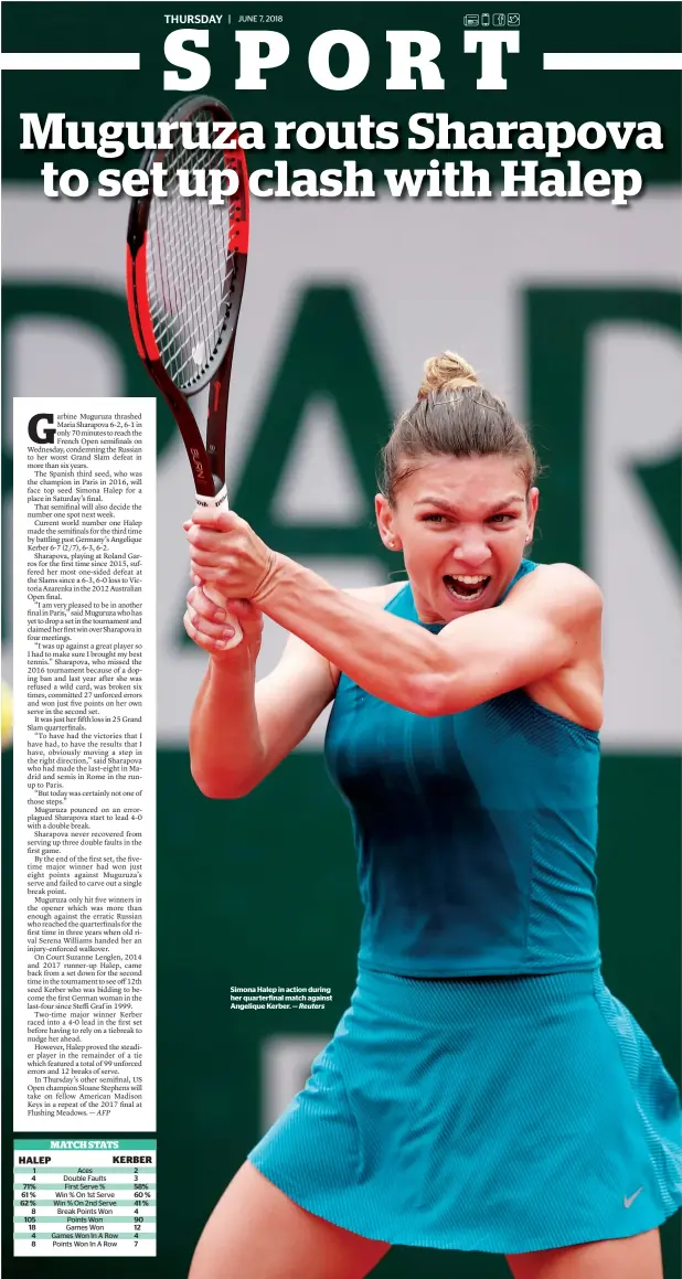  ?? — Reuters ?? Simona Halep in action during her quarterfin­al match against Angelique Kerber.