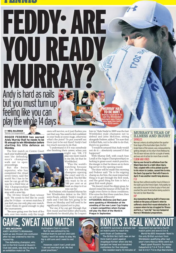  ??  ?? MURRAY HAS TO BE MINT Murray must be fit to last the Wimbledon fortnight says Federer, who beat him (left) in 2015 semis