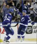 ?? CHRIS O’MEARA — THE ASSOCIATED PRESS ?? Tampa Bay’s Ondrej Palat (18) celebrates with Victor Hedman (77) after Palat scored against the Capitals during the first period of Game 5 of the Eastern Conference finals on Saturday in Tampa, Fla.
