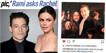  ??  ?? ABOVE: Rachel described the throwback snap of herself and Rami as “the dorkiest picture of both of us”, but said that the Mr Robot star didn’t find the post particular­ly funny.