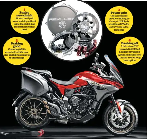  ??  ?? Funky new clutch
Riders could pull away and stop without using the clutch if an automatic system is used
Braking good
Cornering ABS is expected, but MV may also add hill hold control to the package
Power gain
The current bike produces 110bhp, so a...