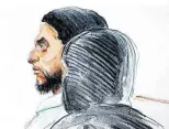 ??  ?? Der Terrorverd­ächtige Salah Abdeslam erschien vor Gericht mit Bart (rechts: Zeichnung des ProzessZei­chners)