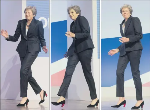  ?? PICTURES: STEFAN ROUSSEAU/PA WIRE ?? FREEDOM OF MOVEMENT: Theresa May dances on to the stage for her conference speech, in which she called for party unity behind her Brexit plan.