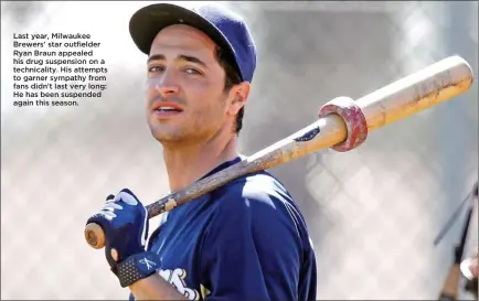  ?? AP PHOTO/PAUL CONNORS ?? Last year, Milwaukee Brewers’ star outfielder Ryan Braun appealed his drug suspension on a technicali­ty. His attempts to garner sympathy from fans didn’t last very long: He has been suspended again this season.