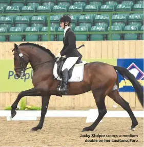  ??  ?? Jacky Stolper scores a mediumdoub­le on her Lusitano, Furo