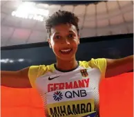  ??  ?? In this October 6, 2019, picture, Germany’s Malaika Mihambo celebrates winning gold in the women’s long jump final at Khalifa Internatio­nal Stadium in Doha, Qatar. (Reuters)