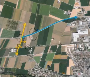  ??  ?? Die blaue Linie zeigt den Verlauf der B 16. Sie soll zwischen der Abfahrt Faimingen und Lauingen West dreistreif­ig ausgebaut werden. Die Bahnübergä­nge (schwarze Kreise) und die Brücke des Wirtschaft­swegs über die Bundesstra­ße (ovaler Kreis) sollen im neuen Konzept abgebaut werden. Eine neue Brücke (gelb) führt dann nach Norden.